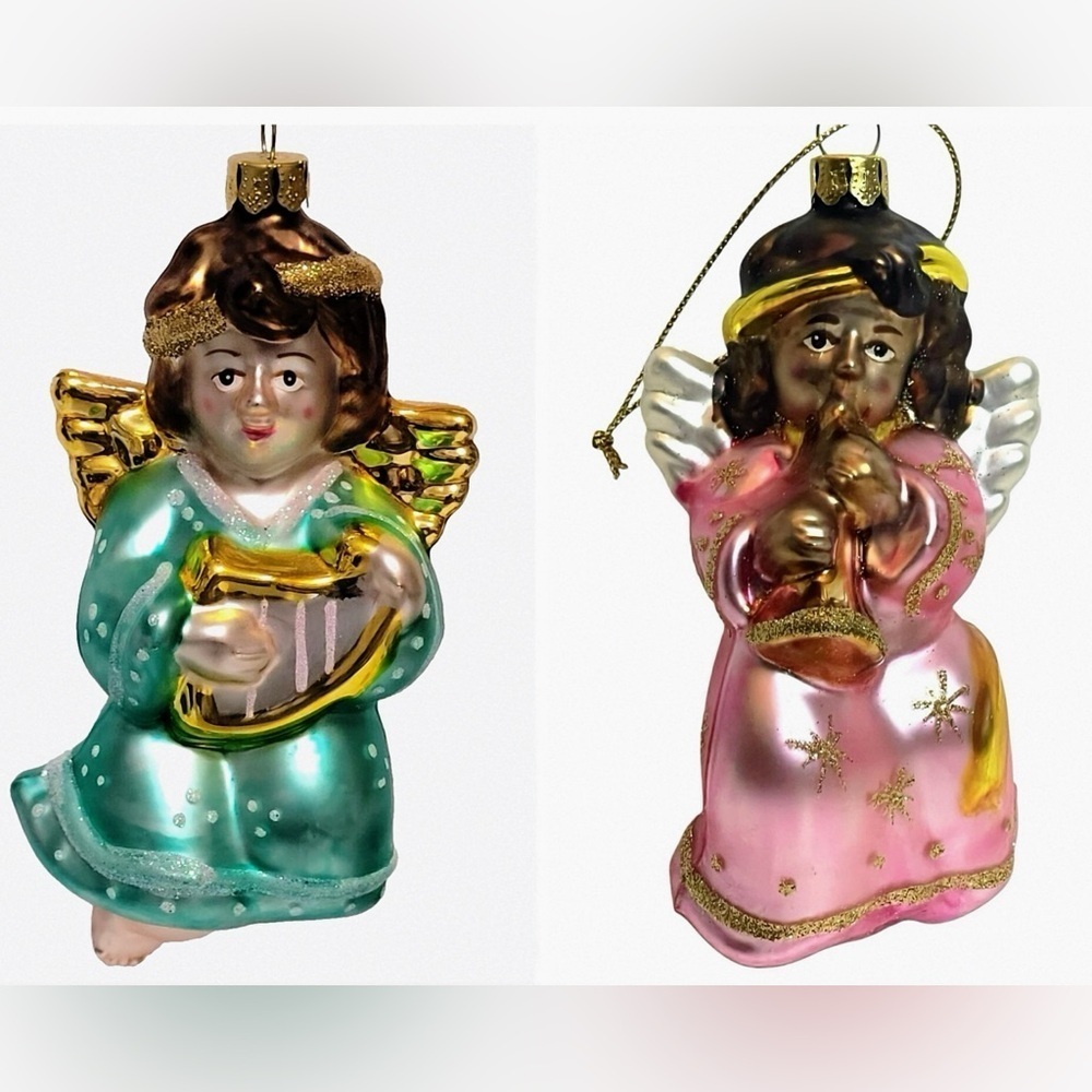 Set of 2 Vintage Blown Glass Ornaments Glitter Angel Radko Style Christmas Decor